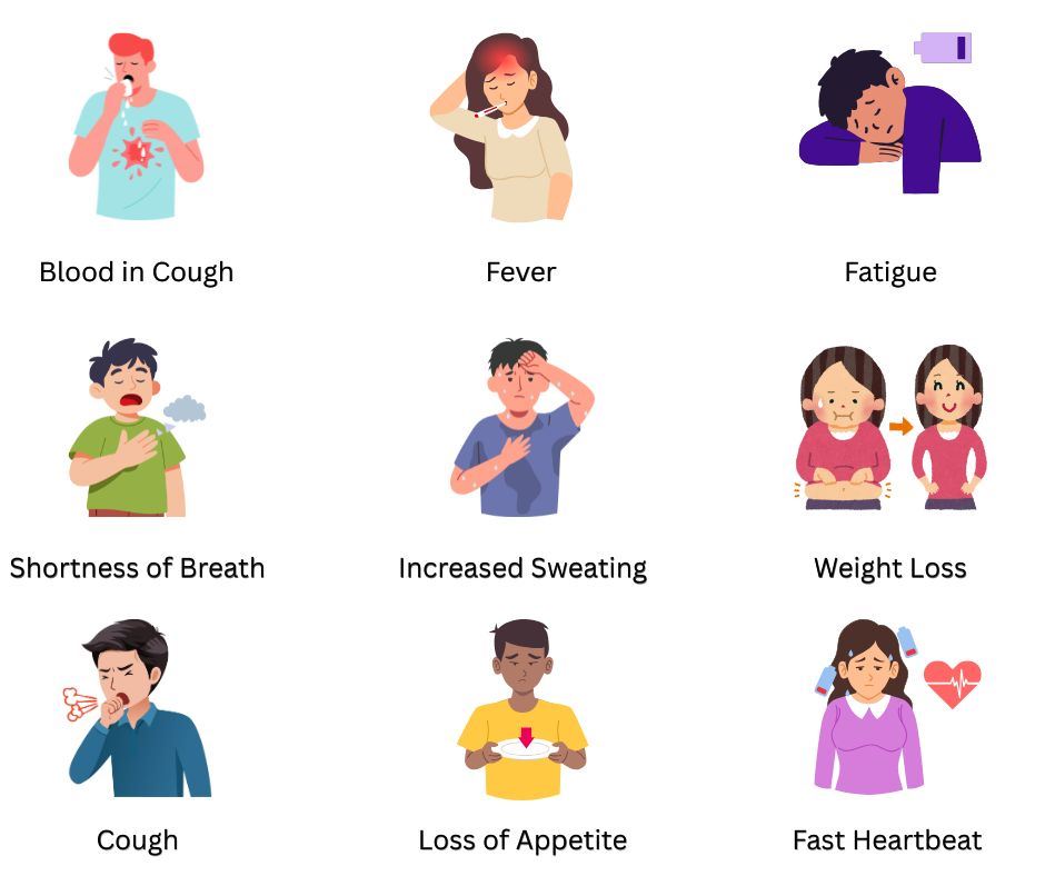 TB Symptoms include cough, bloody cough, fever, fatigue, shortness of breath, increased sweating, weight loss, loss of appetite, and fast heartbeat
